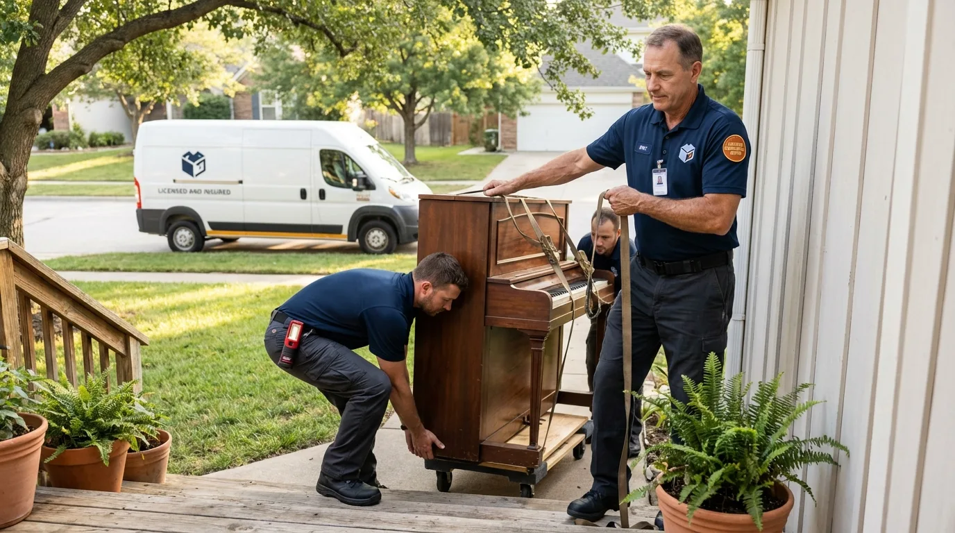 Licensed piano movers securing grand piano in Bergenfield, NJ