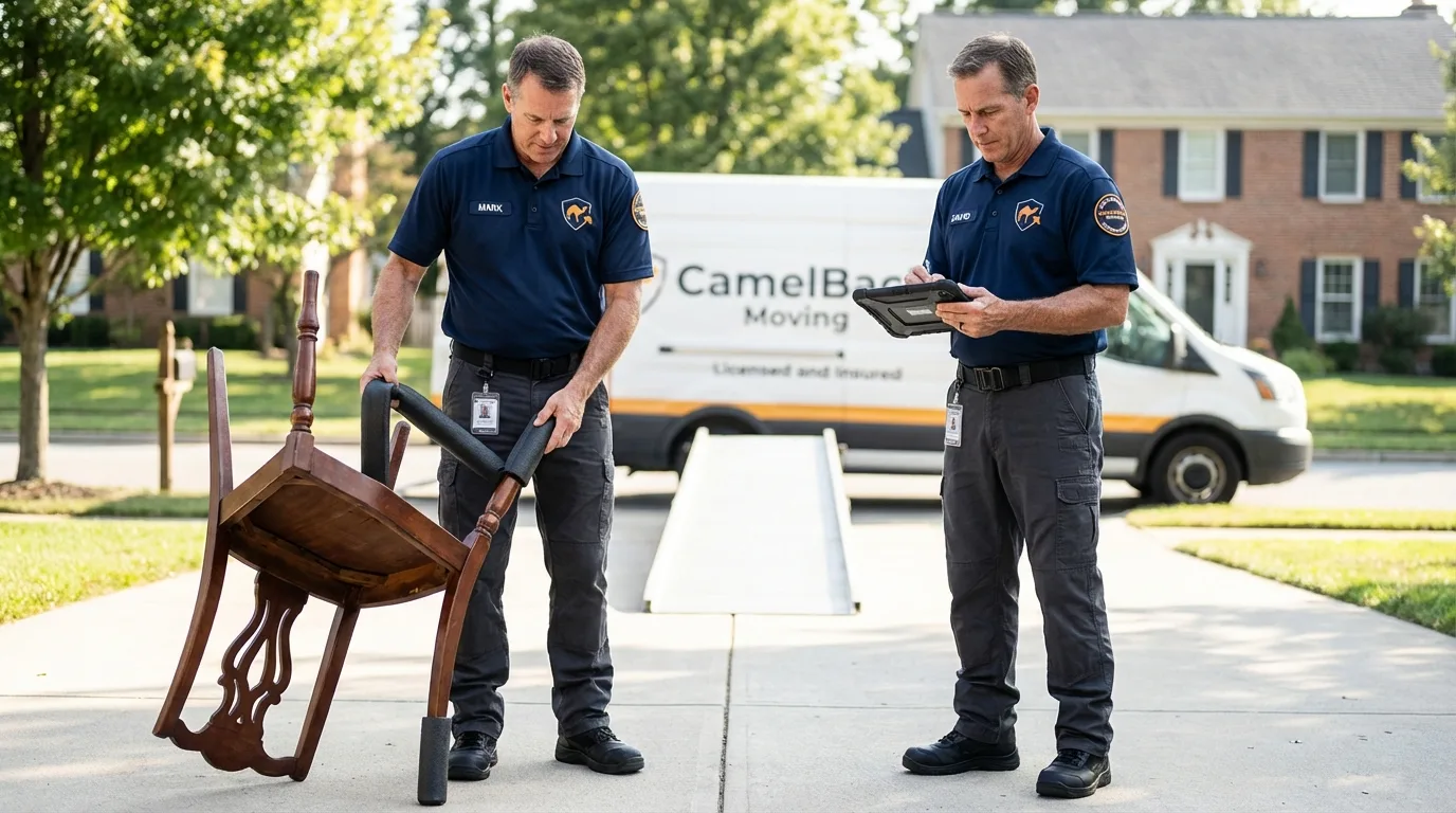 Movers inspecting furniture for damage prevention before loading in Bergenfield, NJ