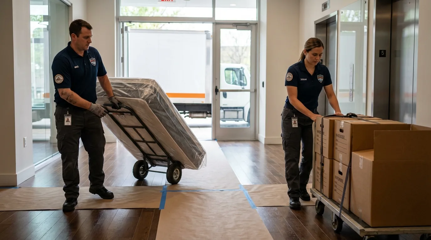 Professional apartment movers loading elevator in Bergenfield, NJ